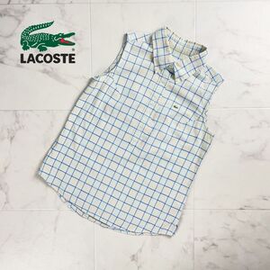 美品 LACOSTE ラコステ チェック柄 ノースリーブシャツブラウス トップス レディース 青系 ベージュ系 サイズ38*SC1032