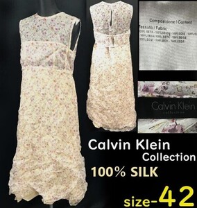 イタリア製★カルバンクライン/Calvin Klein★シルク100%/春夏ノースリーブワンピース【42/レディースLL/ピンク/pink】花柄/dress◆pBH648