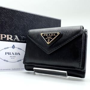 3104【現行・美品・RFID搭載】PRADA プラダ 三つ折り財布 コンパクト ウォレット 三角ロゴプレート ヴァッテロムーブ レザー 本革 ブラック