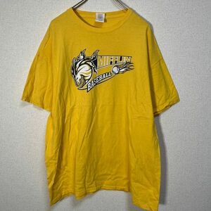 ギルダン 半袖Tシャツ　カレッジロゴ　馬　野球　デカロゴ　イエロー74 古着　入手困難　激レア　希少 人気　ビッグロゴ　ベースボール