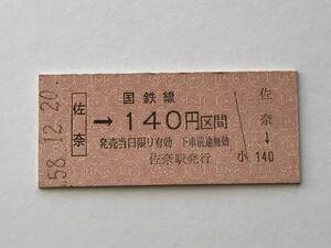 昔の切符　きっぷ　硬券　国鉄線　佐奈駅発行　佐奈→140円区間　サイズ：約2.5×約5.8㎝　S58　　HF5284　　　くるり 岸田繁