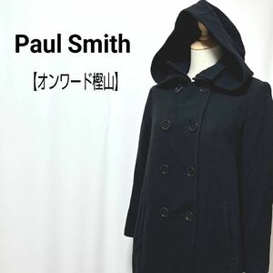 Paul Smith　毛混　ウール フード取外し可　ダブルボタン　ミドル丈ステンカラーコート ブラック Ｌ相当 ポールスミス ロング Pコート