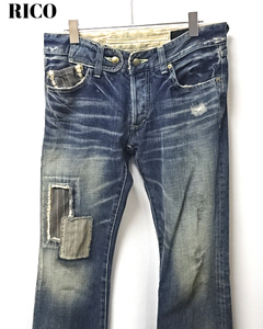 S(34)【RICO DENIM PANTS 06-7C-1011 INDIGO BLUE リコ デニムパンツ ブーツカット フレアー ダメージ加工 リペア インディゴ】