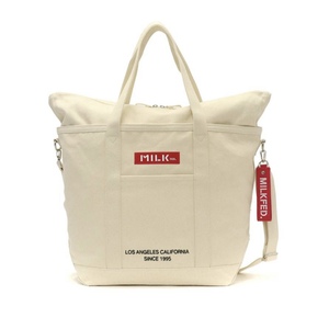 ☆ミルクフェド MILKFED. EMBROIDERED BAR BIG 2WAY TOTE BAG トート ショルダー キャンバス ホワイトxレッド