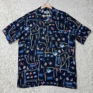 美品◎希少◎リネン100%/パパスアイランド/アロハシャツ 48(Lサイズ位) 総柄 オープンカラー ネイビー Papas Island 麻 紺色 ヨット 半袖