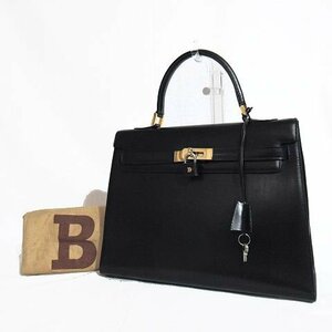 ◆美品◆BALLY バリー*本革/ボックスカーフ*ケリー型*トップハンドル*ハンドバッグ*クロア*ターンロック*黒*カデナ/キー/袋*イタリア製