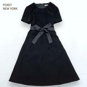 美品＊FOXEY NEW YORK フォクシーニューヨーク リボンベルト付き フレアワンピース 黒 ブラック 40