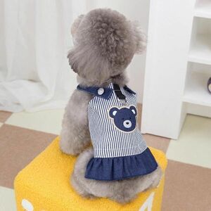 【最終値下げ！1380円→900円】くまさんがブルーLサイズ◆犬服 ワンピース ストライプ 新品 ドッグウェア 新作 ペット 春 秋 冬 Dカン付き