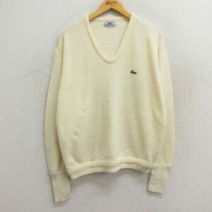 L/古着 ラコステ LACOSTE IZOD 長袖 ブランド セーター メンズ 90s ワンポイントロゴ アクリル Vネック 生成り 23oct28 中古 ニット ト