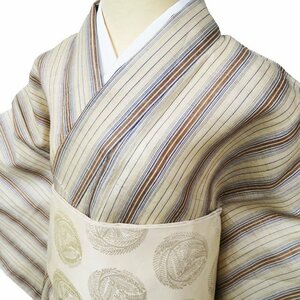 【FINAL PRICE】 特選　宮古上布　夏物 着物 中古 麻 カジュアル 縞模様 白茶色 多色 身丈161.5cm 裄64.5cm M きもの北條 A997-5