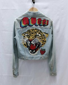 【中古美品】GUCCI グッチ 17AW ライトブルー デニム ジャケット バック刺繍 イチゴ パンサー 豹 サイズ40 M相当 558038【漂亮】