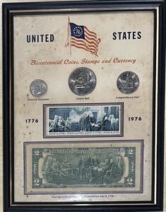 TEH UNITED STATES OF AMERICA アメリカ建国 200年 記念貨幣 切手 記念セット 2ドル紙幣 額縁 送料込みで発送致します。