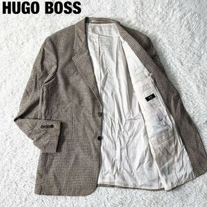 未使用級 2XL相当 HUGO BOSS ヒューゴボス 【高級シルク使用】 ウール テーラードジャケット チェック 2b 3L 大きいサイズ 黒 ベージュ 1円