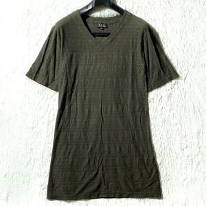 A.P.C.★レア★ロング丈 半袖Tシャツ カットソー ジャガード総柄 ダイヤ 灰カーキ S 男女OK ジェンダーレス ワンピース APC アーペーセー