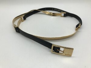 ■【YS-1】 グッチ GUCCI ベルト ■ 本革 レザー 黒系 × ゴールド系 バックル分離不可 3穴 全長87cm 幅1cm 【同梱可能商品】K■