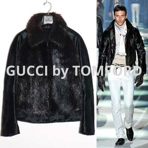 TOM FORD期 GUCCI 04AW 国内正規品 ハラコ切替ビーバーファージャケット48アーカイブ カーフヘア カーフレザー 中綿 スウィングトップ 美品