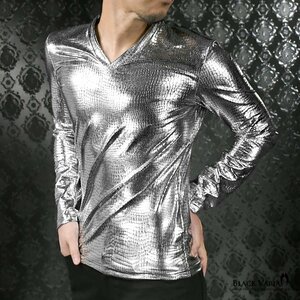 183711-si BlackVaria ロンT クロコダイル Vネック 光沢 メタリック 長袖Tシャツ mens メンズ(シルバー銀) M ステージ衣装 ピカピカ
