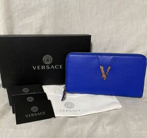 新品 本物 正規品 VERSACE レザー ラウンドファスナー 長財布 VIRTUS ブルー 財布