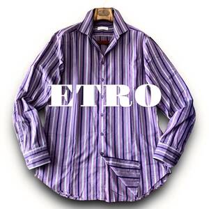 A13 美品 名作！定価5万 XXLぐらい 43『エトロ ETRO』極上のイタリアンコットン パープル ストライプ 長袖 シャツ 鮮やかな色合い！紫色