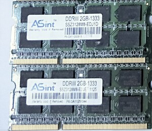 【中古パーツ】PC3 ノートパソコン用 DDR3 メモリ ASINT DDRIII 2GB-1333 2GBx2枚 計4GB 送料無料（在庫10枚）■N(174)