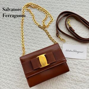 希少 Salvatore Ferragamo サルヴァトーレフェラガモ ヴァラリボン ミニ チェーンショルダーバッグ クラッチバッグ レザー ポシェット 3way