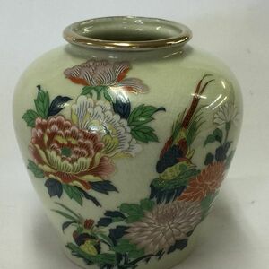 【中古】陶器 仙木 花瓶 壺 花鳥 高さ(約)15cm×幅(約)12cm×口径(約)7cm◆M0200