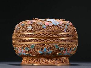 【瓏】純銀鏨刻彫 塗金花絲焼藍団壽紋蓋盒 清時代 古置物擺件 銀器 中国古賞物 蔵出