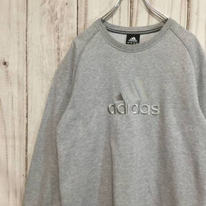 【アディダス ビッグロゴ刺繍長袖スウェット】 ラグラン袖 トレーナー XL相当 グレー adidas 古着 [240126-030]