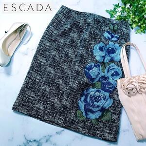 美品 ESCADA エスカーダ ツイードスカート 花刺繍 ラメ フラワー 薔薇 バラ 青 ブルー サイズ38 L相当 黒 ブラック 白 ホワイト 膝丈