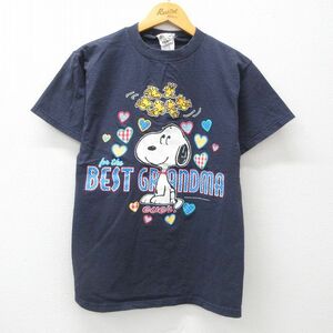 M/古着 半袖 ビンテージ Tシャツ メンズ 00s ピーナッツ スヌーピー コットン クルーネック 紺 ネイビー 24jul29 中古