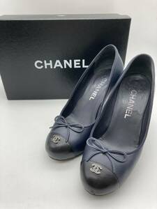 【size36.5】シャネル CHANEL リボンパンプス ネイビー/ブラック バイカラー ココマーク プラットフォーム ハイヒール フルレザー Cc logo