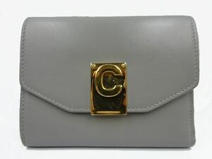 ◇ CELINE セリーヌ 三つ折り財布 コンパクトウォレット グレージュ×ゴールド金具 グレー Cロゴ スモールフラップ 10C72 中古品