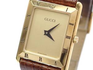 1円～☆GUCCI グッチ QZ レディース腕時計 4200M ゴールド文字盤 スクエア 純正革ベルト/TF0919-2500 