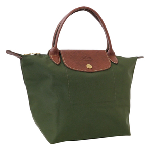 1円 ■ ロンシャン ハンドバッグ カーキ系×ブラウン系 ナイロン×レザー 折り畳み お洒落 LONGCHAMP ■E.Bsr.zE-21