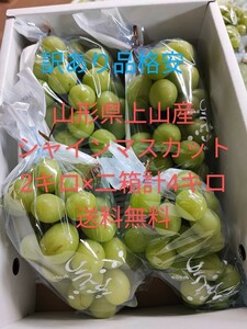 クール便込山形県産皮ごと食べれる種無し葡萄シャインマスカット 訳あり品自家用、送料込 約2キロ×二箱計約4kg 6房～12房 クール便料金込3