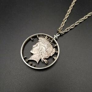 1922 Liberty Peace 1 Dollar ヴィンテージ コインチャーム ペンダント ロングネックレス 自由の女神 900シルバー カスタムメイド R14-A