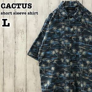 CACTUS US アメリカ古着 総柄 ヤシの木 半袖アロハシャツ L