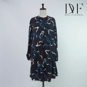 美品 DIANE von FURSTENBERG ダイアンフォンファステンバーグ シルク 総柄 ノーカラーシャツワンピース レディース 黒 サイズ2*SC30