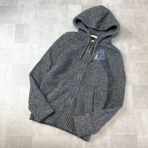 良品 Abercrombie&Fitch アバクロンビー&フィッチ ローゲージニット ニットパーカー メンズ Sサイズ グレー ブルー 刺繍