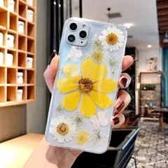 スマホカバー iPhone15 押し花 韓国 イエロー スマホケース