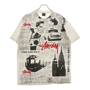 STUSSY ステューシー 00s 総柄 プリント コットン 半袖 Tシャツ デッドストック ブラック/ホワイト