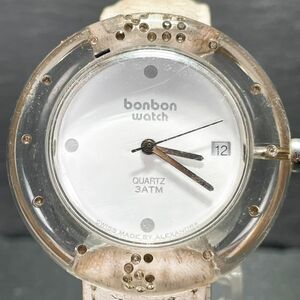 bonbon watch ボンボンウォッチ 腕時計 アナログ クオーツ 3針 カレンダー ホワイト文字盤 スケルトン レザーベルト ホワイト ラウンド