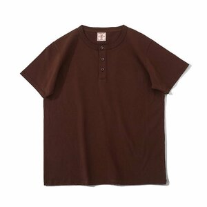 レトロ 9.5oz 綿100% Tシャツ 半袖 ヘンリーネック シャツ メンズ スウェット 夏 アメカジ ブラウン L