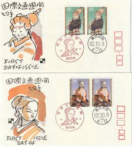 FDC　１９８７年　　国際文通週間　　P貼２消し　　２通　　銀座わたなべ