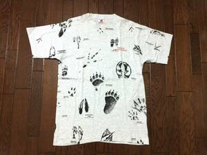 90s USA製 ビンテージ フルーツタグ 総柄 アニマル フットプリント Tシャツ M 霜降り シングルステッチ 動物 足跡 90年代 アメリカ製