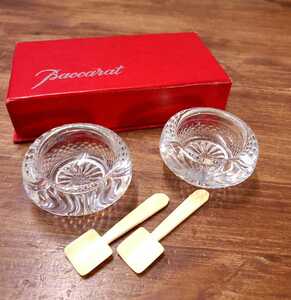 美品☆オールドバカラ Baccarat ディアマンビゾー ソルト&ペッパー 調味料入れ 2点セット 骨製スプーン付き クリスタルガラス アンティーク