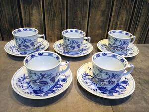 美品　藍染唐草 カップ＆ソーサー / ブルーオニオン Vienna Woods Fine China 5客セット 唐草 花柄 染付 藍染 カフェ