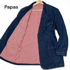 美麗品◎金ボタン!!パパス【圧巻の美シルエット】Papas デニム アンコン テーラード ジャケット チェック ロゴ インディゴ コットン メンズ