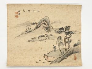 【真作】　秋岳：銘　　襖絵　山水図『春江柳色』　襖紙書画/日本画/水墨画/時代物　　蔵出し骨董　　M0526D