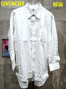 美品 クリーニング済 GIVENCHY 綿麻 長袖Yシャツ 白 41-78 メンズ ホワイト コットン リネン ジバンシー ジバンシィ ワイシャツ